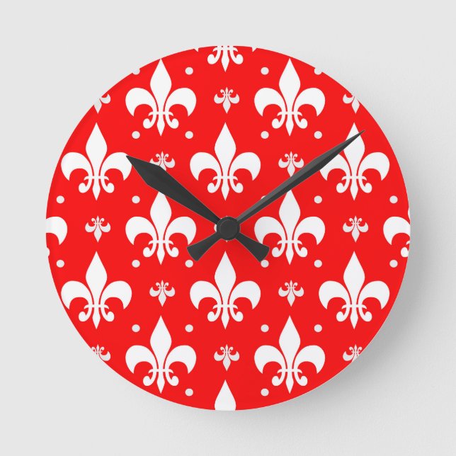 Red Fleur-de-lis Pattern Design  Round Clock (Front)