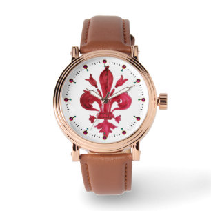 RED FLEUR DE LISE IN WHITE  Floral Heraldic Watch