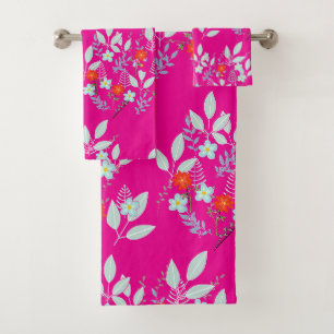 Red Flora Foliage Hot Pink  Bath Towel Set
