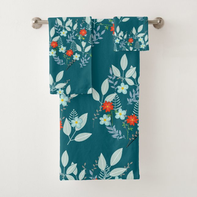 Red Flora Foliage Teal  Bath Towel Set (Insitu)