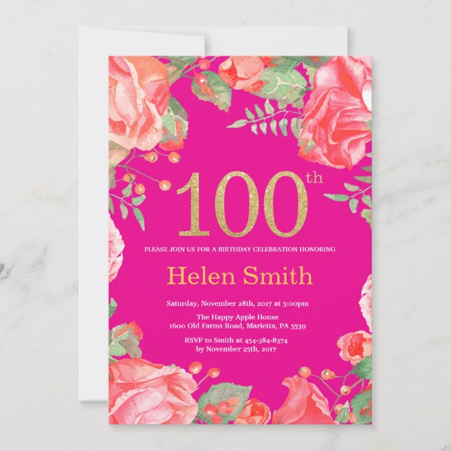 Red Floral 100th Birthday Gold Glitter Hot Pink Invitation (Front)