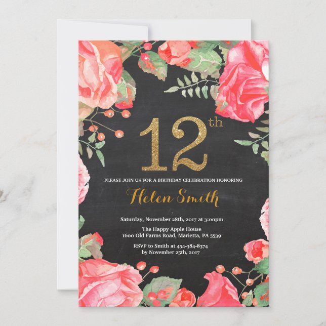 Red Floral 12e anniversaire Invitation Parties sci (Devant)