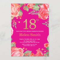 Red Floral 18th Birthday Gold Glitter and Hot Pink