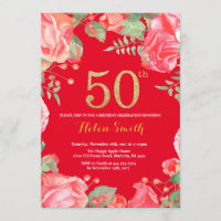 Red Floral 50th Birthday Gold Glitter and Red