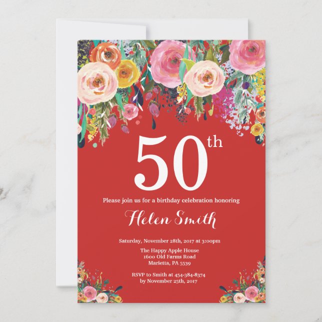 Red Floral 50th Birthday Invitation (Front)