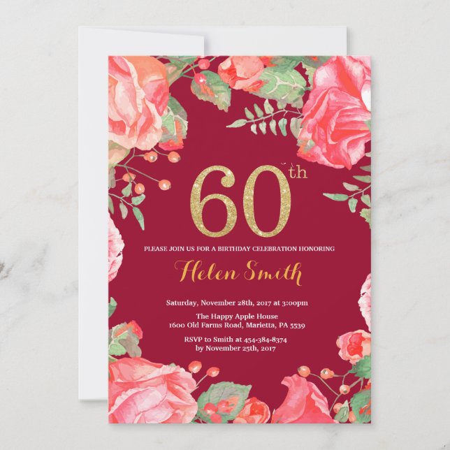 Red Floral 60th Birthday Gold Glitter Burgundy Red Invitation (Front)