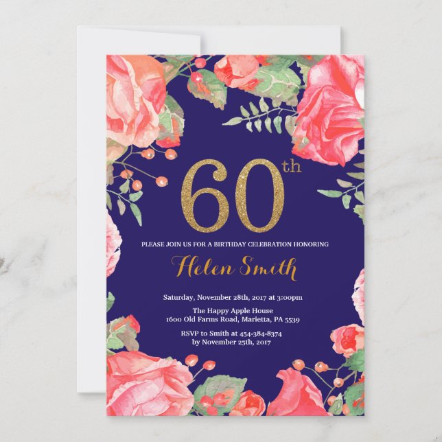 Red Floral 60th Birthday Invitation Gold Glitter (Front)