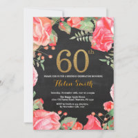 Red Floral 60th Birthday Invitation Gold Glitter