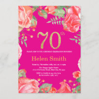 Red Floral 70th Birthday Gold Glitter and Hot Pink