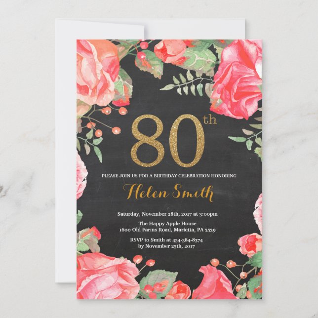 Red Floral 80e anniversaire Invitation Parties sci (Devant)