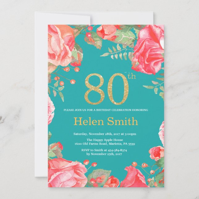 Red Floral 80th Birthday Gold Glitter and Teal Invitation (Front)