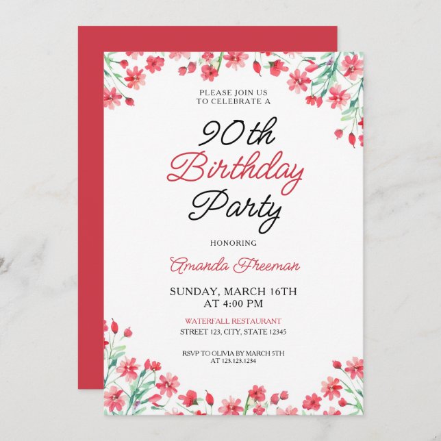 Red Floral 90th Birthday Celebration Invitation (Front/Back)