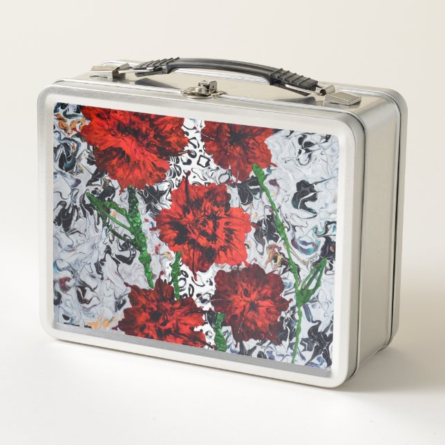 Red Floral Abstract Art Lunchbox Unique Metal   (Front)