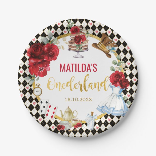 Red Floral Alice in Wonderland Birthday Onederland Paper Plate (Front)