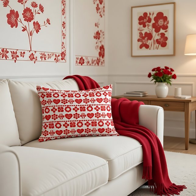 Red floral and heart pattern for Valentine's Day Accent Pillow (Creator Uploaded)