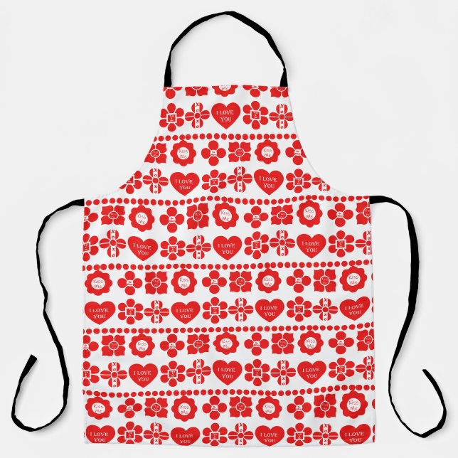 Red floral and heart pattern for Valentine's Day Apron (Front)