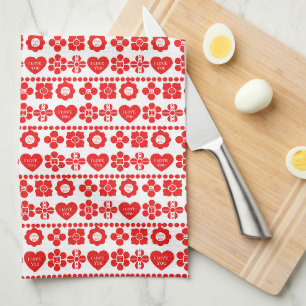 Red floral and heart pattern for Valentine's Day Kitchen Towel