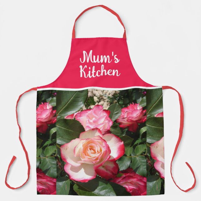 Red Floral and White Roses Rose Mums Kitchen Apron (Front)