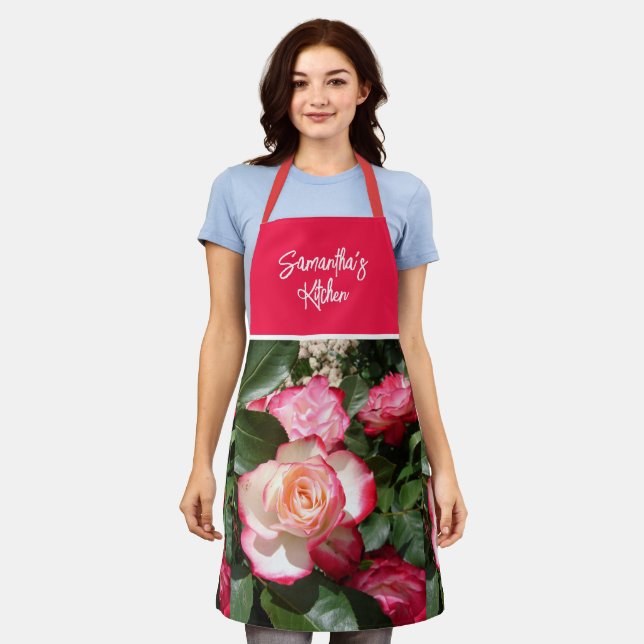 Red Floral and White Roses Rose Mums Kitchen Apron (Worn)