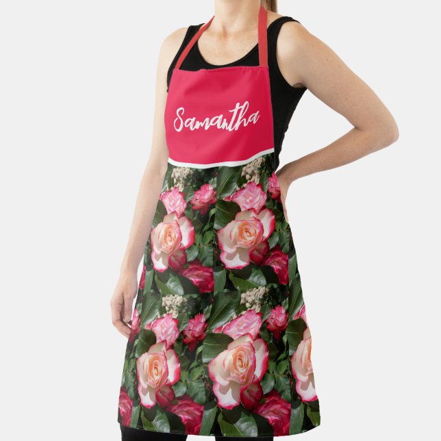Red Floral and White Roses Rose Womans Kitchen Apron (Insitu)