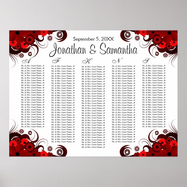 Red Floral and White Wedding Table Seating Chart (Front)