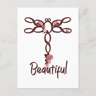 Red Floral "Beautiful" Dragonfly Design Postcard