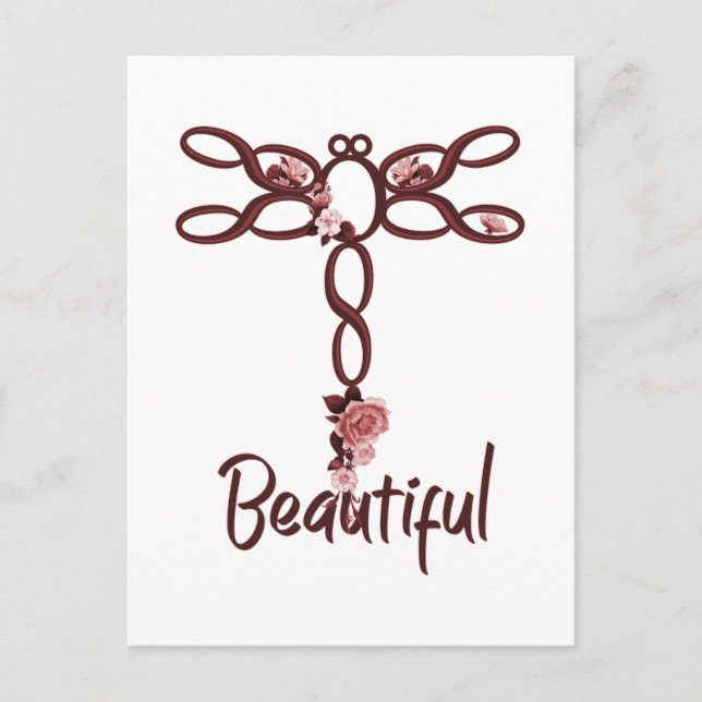 Red Floral "Beautiful" Dragonfly Design Postcard (Front)