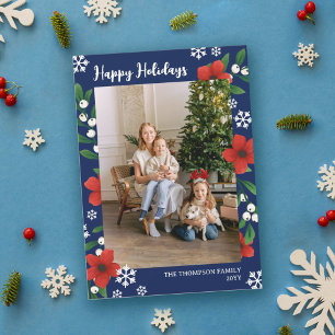 Red Floral Berries Snowflakes Happy Holidays Photo Holiday Card