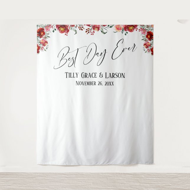 Red Floral Best Day Ever Photo Backdrop Tapestry (Front)
