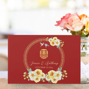 Red floral bird Chinese wedding Guest Book