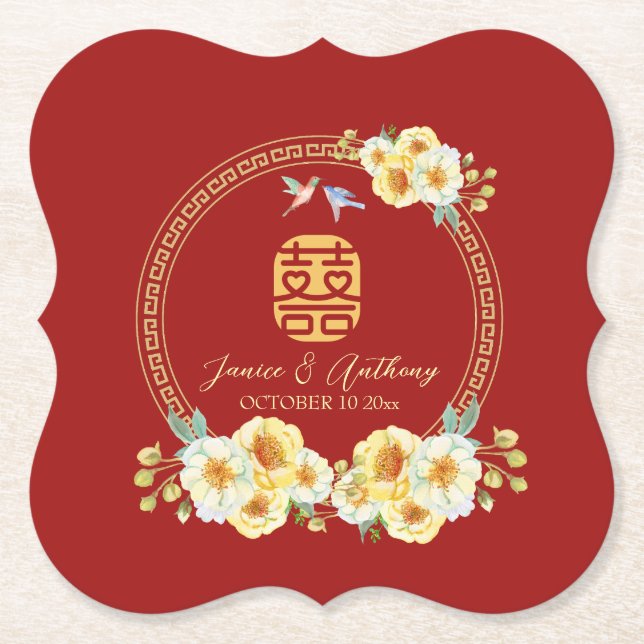 Red floral bird Chinese wedding Paper Coaster (Front)