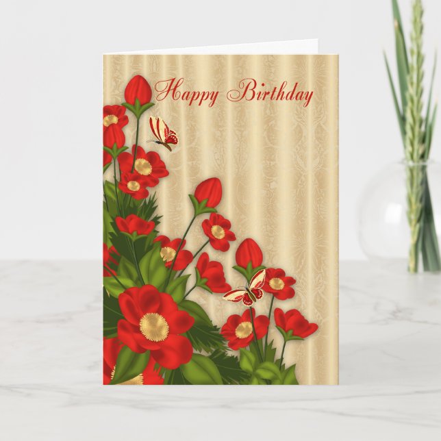 Red Floral Birthday Greeting Card With Butterflies (Front)