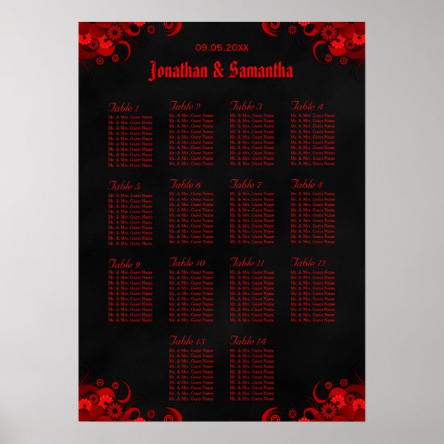 Red Floral & Black 14 Wedding Tables Seating Chart (Front)