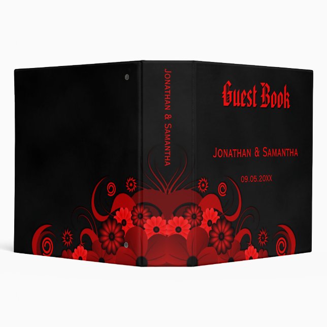 Red Floral Black 2" Wedding Guest Book Guestbook Binder (Background)