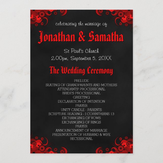 Red Floral Black Chalkboard Gothic Wedding Program (Front)