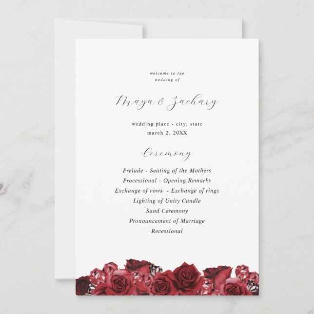 Red Floral & Black Mariage Cérémonie Programme (Devant)