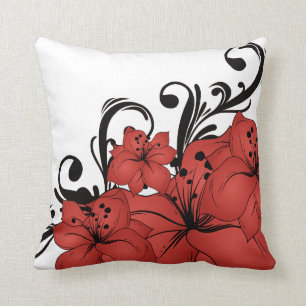 Red Floral Black Scrolls Throw Pillow