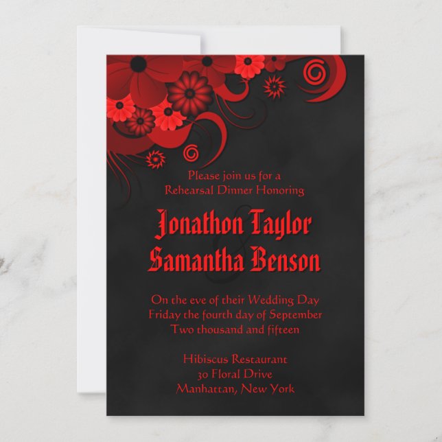 Red Floral Black Wedding Rehearsal Dinner Invites (Front)
