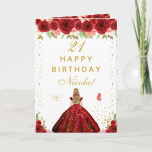 Red Floral Blonde Hair Girl Birthday Card