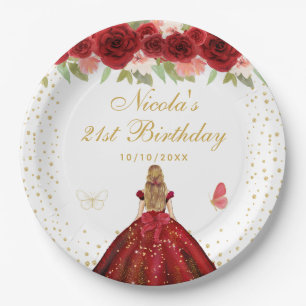 Red Floral Blonde Hair Princess Birthday Party Paper Plate