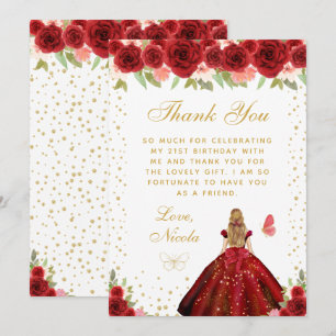 Red Floral Blonde Hair Princess Birthday Party Thank You Card