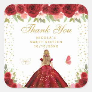 Red Floral Blonde Hair Princess Sweet Sixteen Square Sticker
