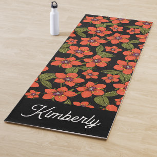 Red Floral Boho Custom Name Yoga Mat