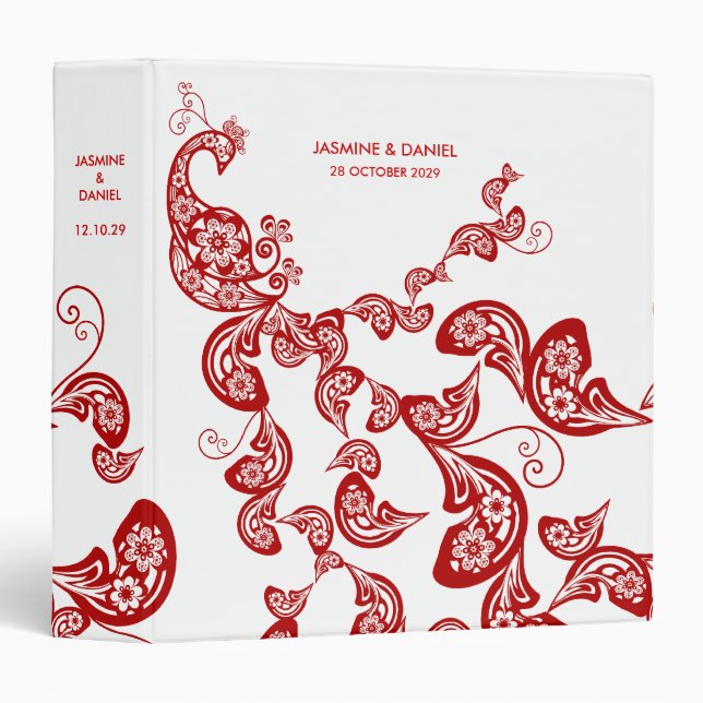 Red Floral Boho Peacock Eastern Chic Asian Wedding Binder (Front/Spine)