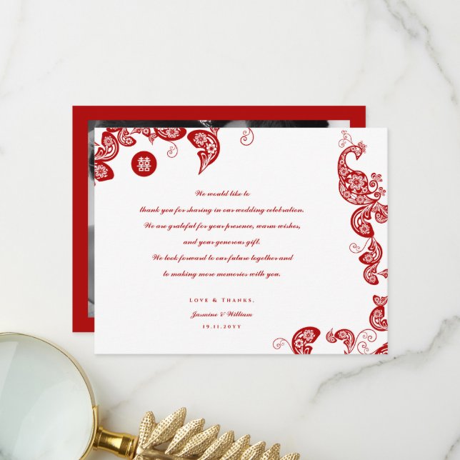 Red Floral Boho Peacock Eastern Chic Asian Wedding Thank You Card (Front/Back In Situ)