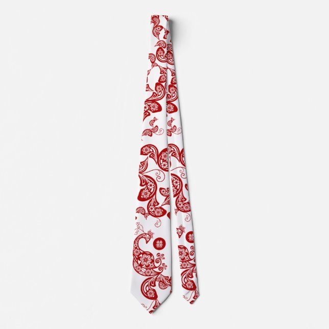 Red Floral Boho Peacock Elegant Eastern Chic Asian Tie (Front)
