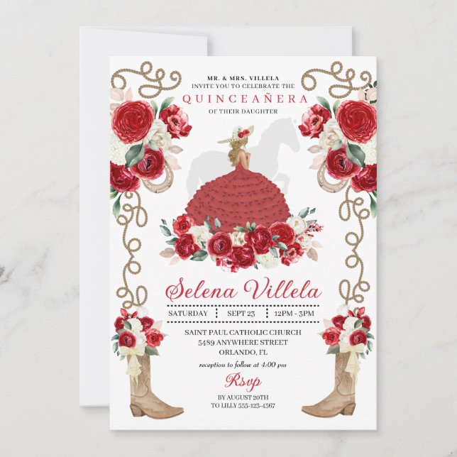 Red Floral Boots Roses Western Quinceañera Invitation (Front)