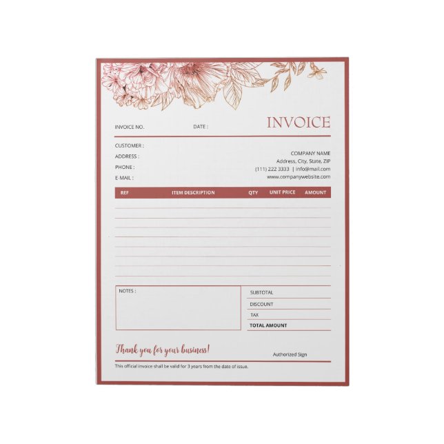 Red Floral Border Small Business Invoice Template Notepad (Rotated)