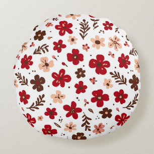 Red Floral Botanical Pattern Round Pillow