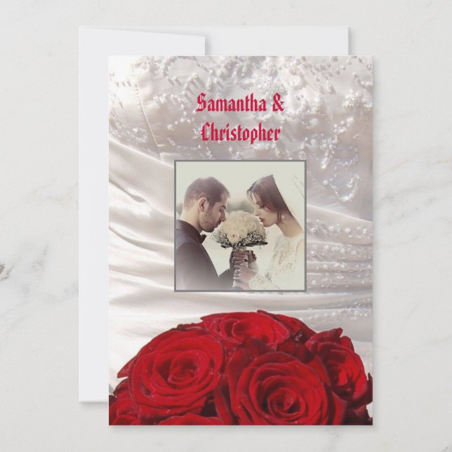 Red floral bouquet wedding photo invitation (Back)